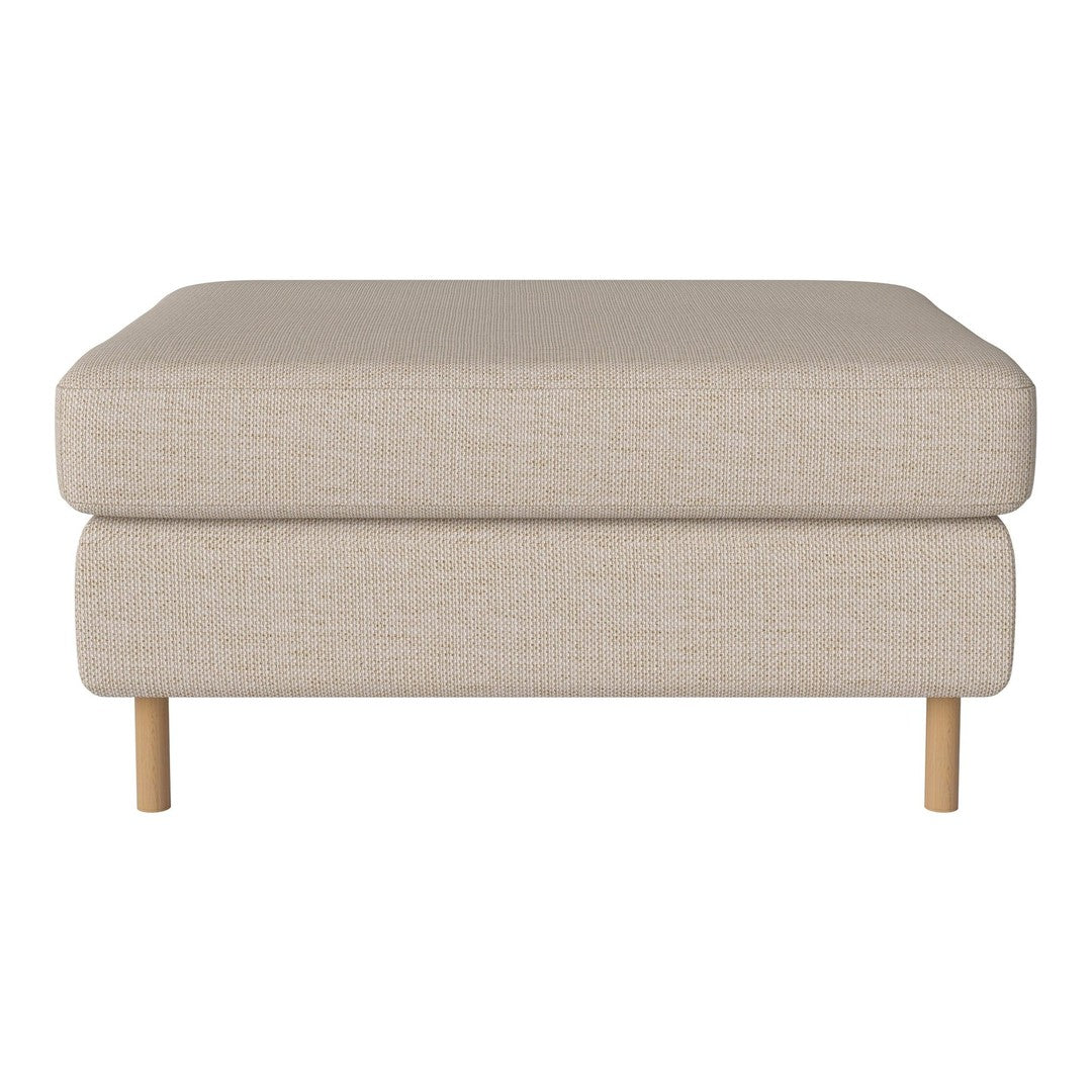 Beige upholstered ottoman with a smooth texture and wooden legs, offering a minimalist and modern design.