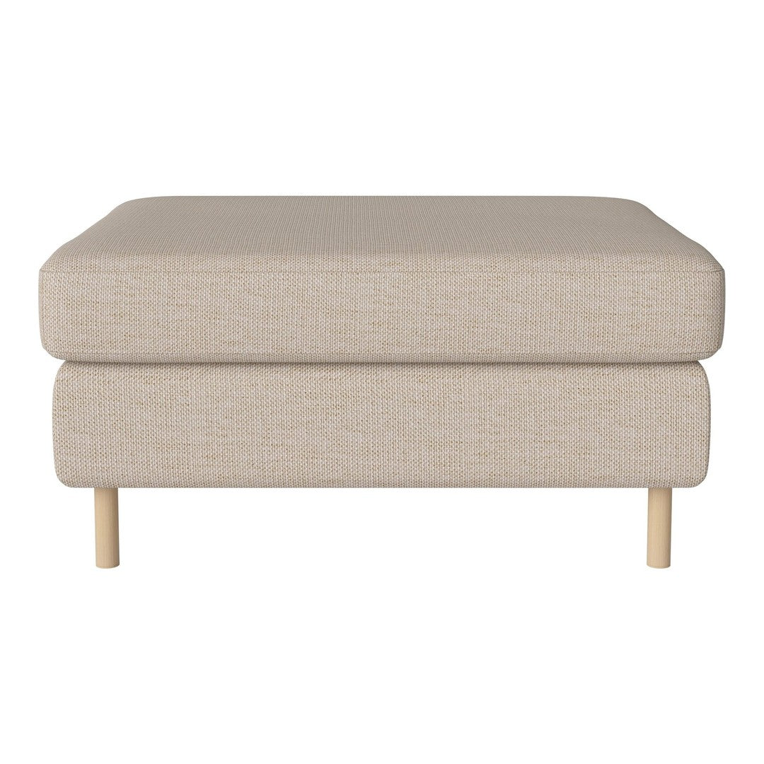 Neutral beige ottoman with a smooth texture and wooden legs, perfect for modern or minimalist decor.