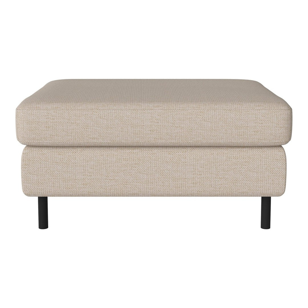 Beige upholstered ottoman with a smooth texture and black metal legs, providing a minimalist and modern look.