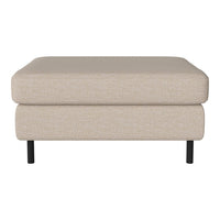 Beige upholstered ottoman with a smooth texture and black metal legs, providing a minimalist and modern look.