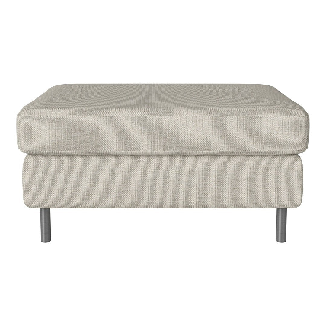 Light beige ottoman with a simple, textured fabric and sleek, silver legs. Ideal for modern decor.