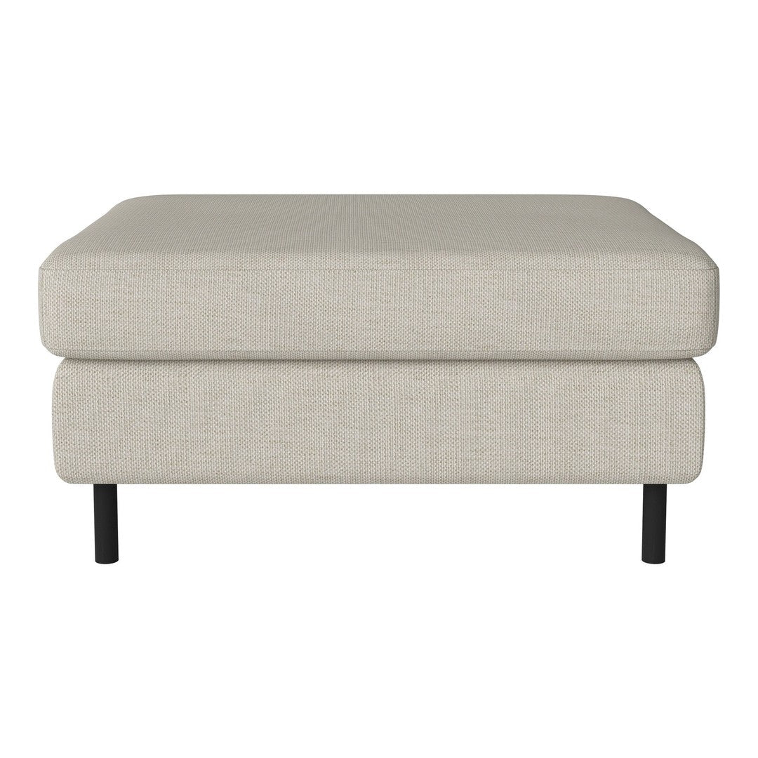 Beige upholstered ottoman with a smooth texture and sleek black legs. Ideal for modern, minimalist decor.