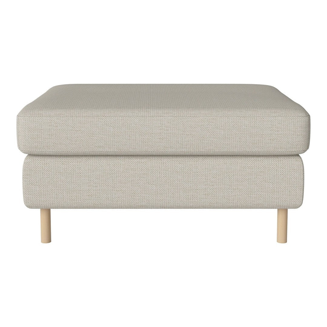 Light beige upholstered ottoman with a minimalist design and natural wood legs. Perfect for modern decor.