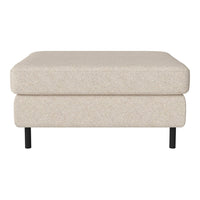 Light beige upholstered ottoman with a smooth texture, resting on sleek black legs. Minimalist and modern design.