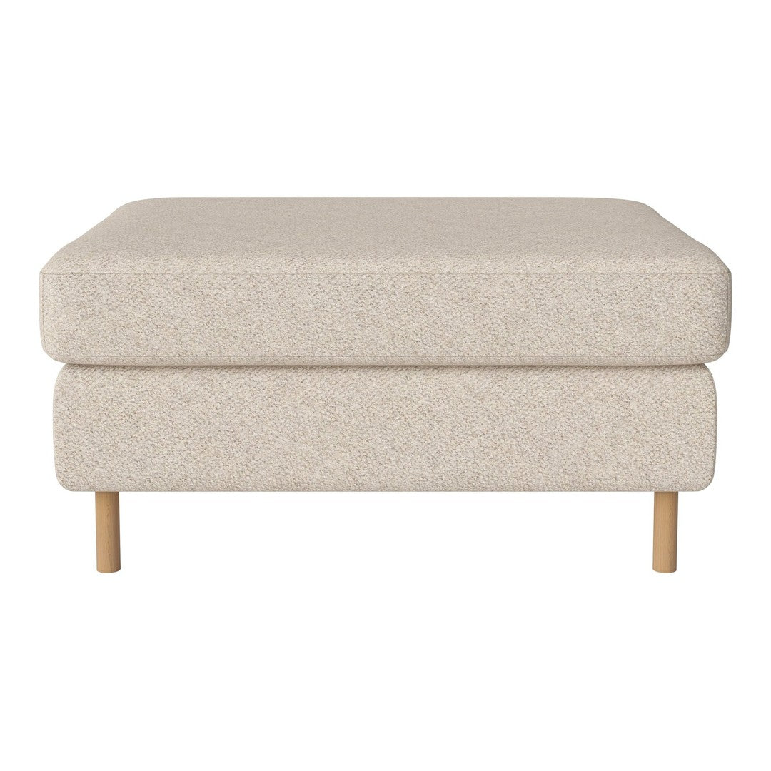 Light beige upholstered ottoman with a sleek, minimalist design and natural wood legs. Perfect for modern interiors.