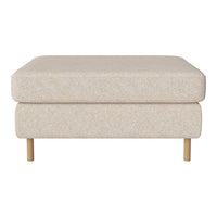 Light beige upholstered ottoman with a sleek, minimalist design and natural wood legs. Perfect for modern interiors.