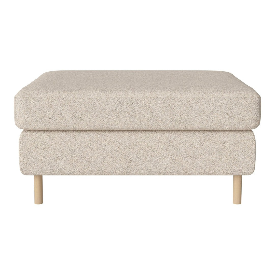 Light beige ottoman with a subtle texture, featuring wooden legs for a modern touch. Perfect for any decor.