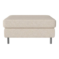 Light beige ottoman with a textured fabric and sleek silver legs, perfect for modern living spaces.