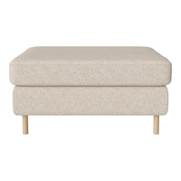 Beige upholstered ottoman with a smooth texture and minimalist design, featuring natural wood legs.