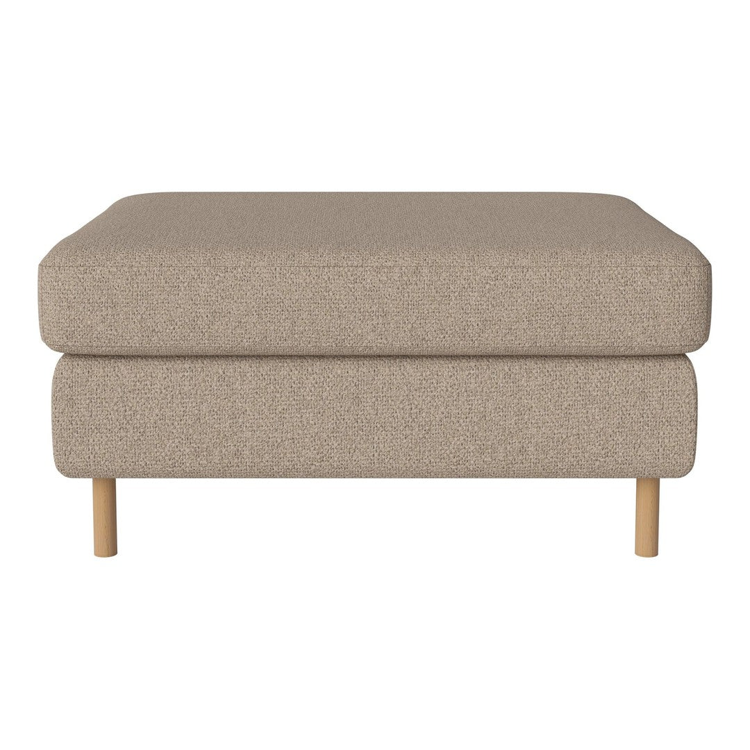 Beige upholstered ottoman with a smooth texture and minimalist design, featuring natural wooden legs.