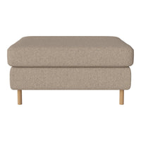 Beige upholstered ottoman with a smooth texture and minimalist design, featuring natural wooden legs.