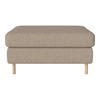 Beige upholstered ottoman with a smooth fabric surface and natural wood legs, perfect for any modern living space.
