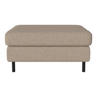 Beige upholstered ottoman with a smooth texture and simple design, resting on sleek black legs. Ideal for versatile decor.