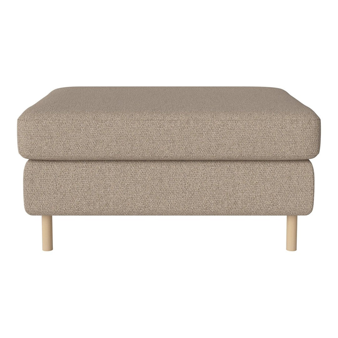 Beige upholstered ottoman with a smooth texture and natural wooden legs, perfect for modern spaces.