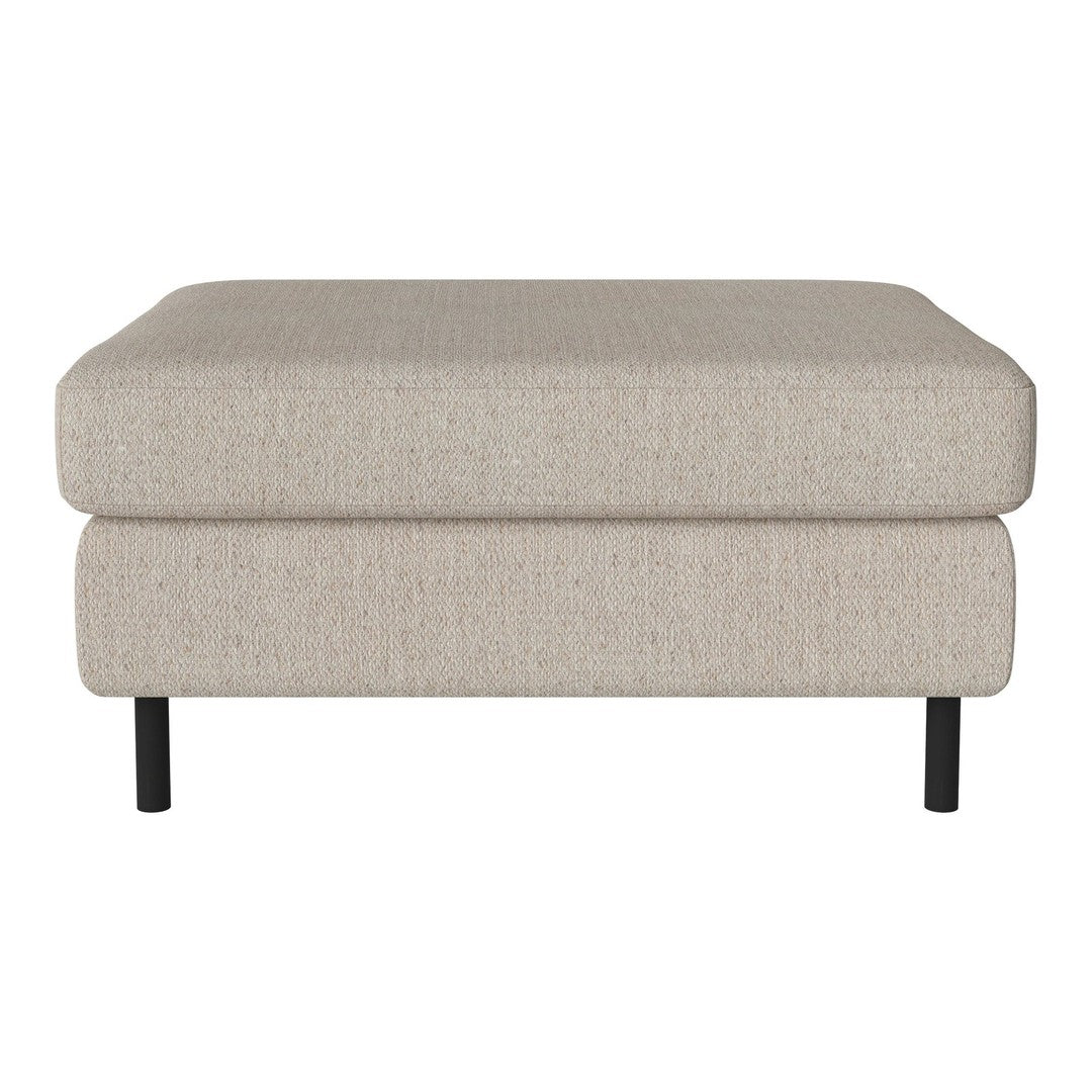 Light beige upholstered ottoman with a textured fabric and sleek black legs. Perfect for modern decor.