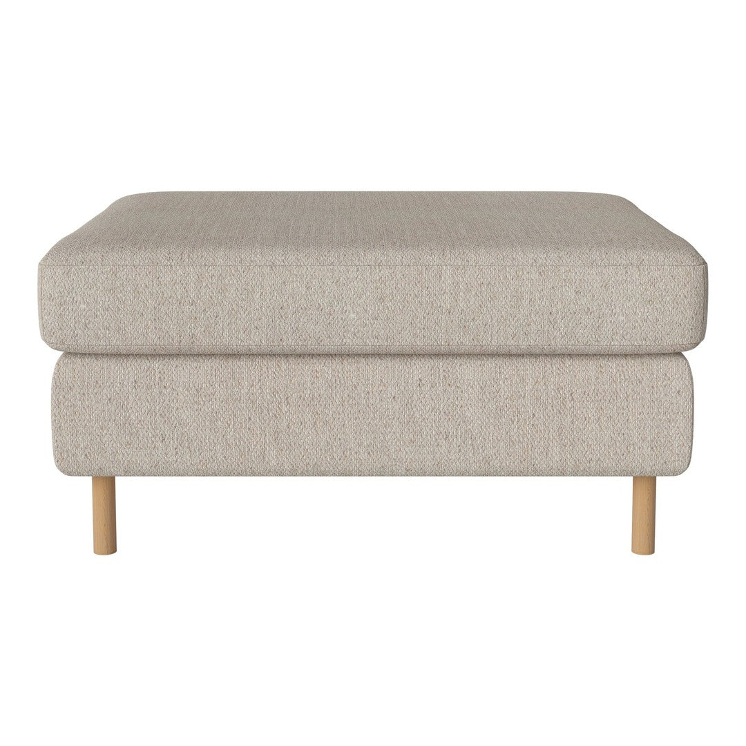 Light beige upholstered ottoman with a smooth texture and natural wood legs, perfect for modern decor.