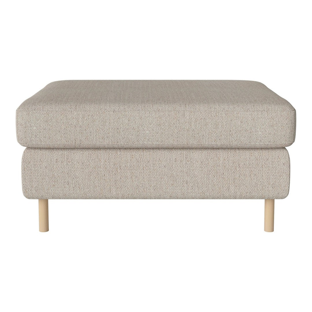 Beige upholstered ottoman with a smooth texture and natural wood legs, perfect for minimalist decor.