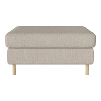 Beige upholstered ottoman with a smooth texture and natural wood legs, perfect for minimalist decor.