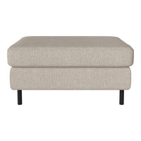 Light beige ottoman with a textured fabric and minimalistic design, featuring sleek black legs. 