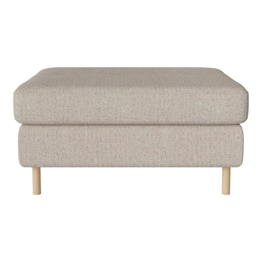 Light beige ottoman with a textured fabric and natural wood legs, perfect for modern home decor.