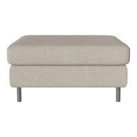 Light beige upholstered ottoman with a textured pattern and sleek metal legs, ideal for modern interiors.