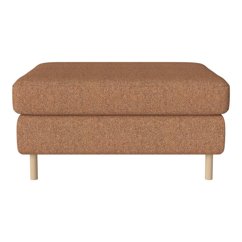 Brown textured ottoman with a modern design and wooden legs, perfect for stylish home decor.