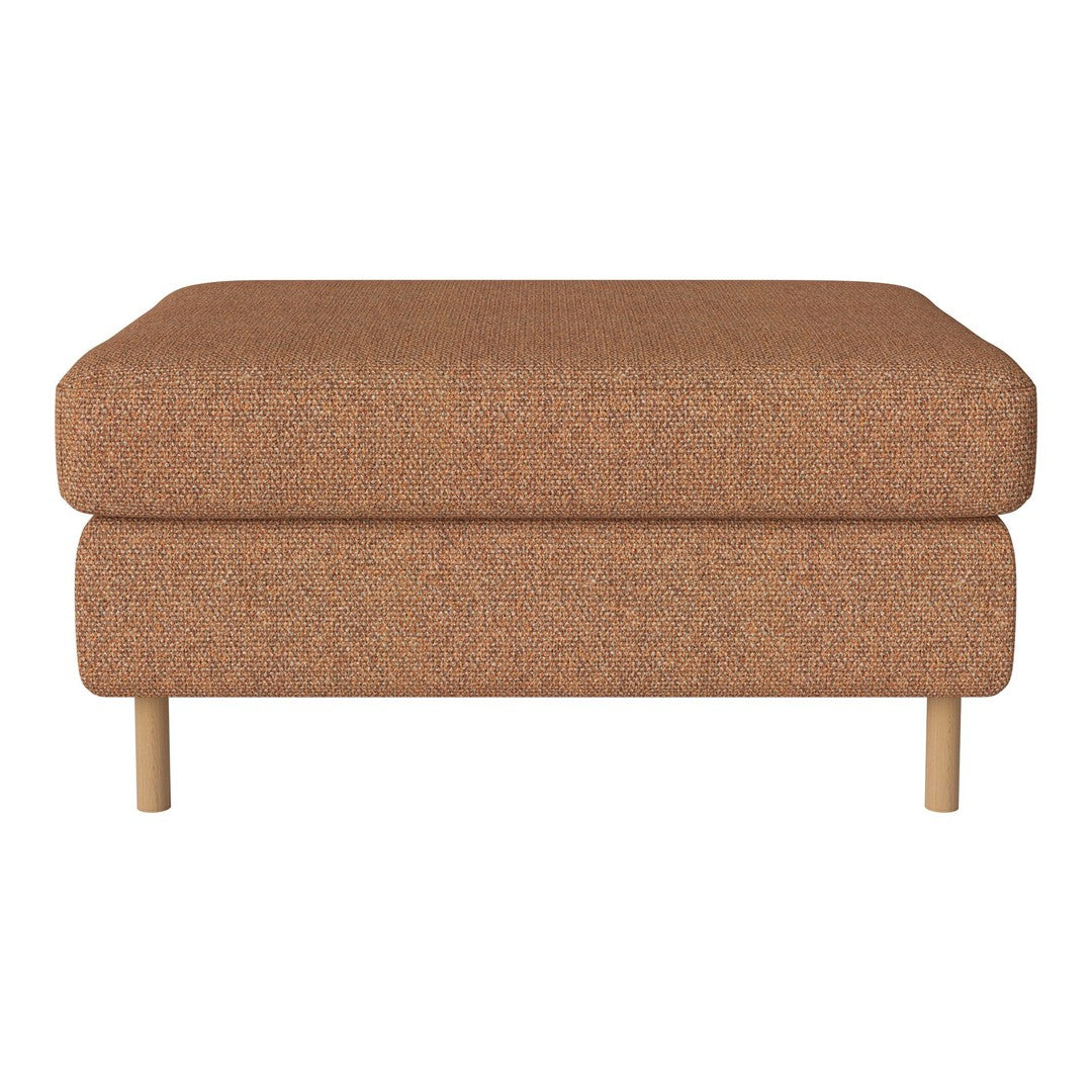 Brown textured ottoman with a simple design and light wooden legs. Perfect for modern living room decor.