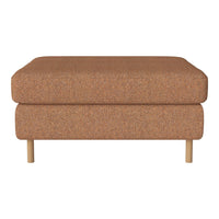 Brown textured ottoman with a simple design and light wooden legs. Perfect for modern living room decor.