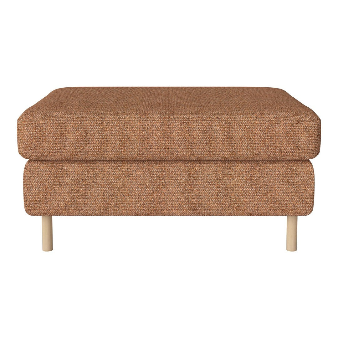 Brown fabric ottoman with a textured pattern and light wooden legs, offering a modern, cozy touch to any space.