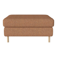 Brown fabric ottoman with a textured pattern and light wooden legs, offering a modern, cozy touch to any space.