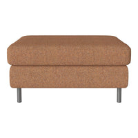 Brown upholstered ottoman with a textured pattern and sleek metal legs, perfect for modern interiors.