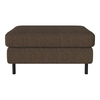 Brown textured ottoman with a minimalist design and black tapered legs. Ideal for modern living spaces.
