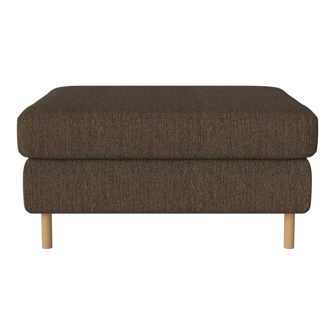 Brown textured ottoman with a simple design and light wooden legs. Ideal for modern home decor.