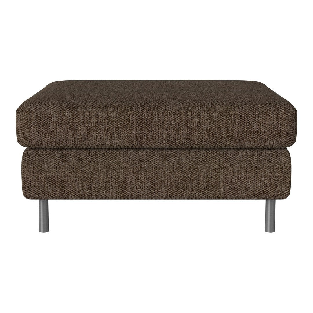 Brown textured ottoman with a modern design and metal legs, perfect for stylish indoor décor.