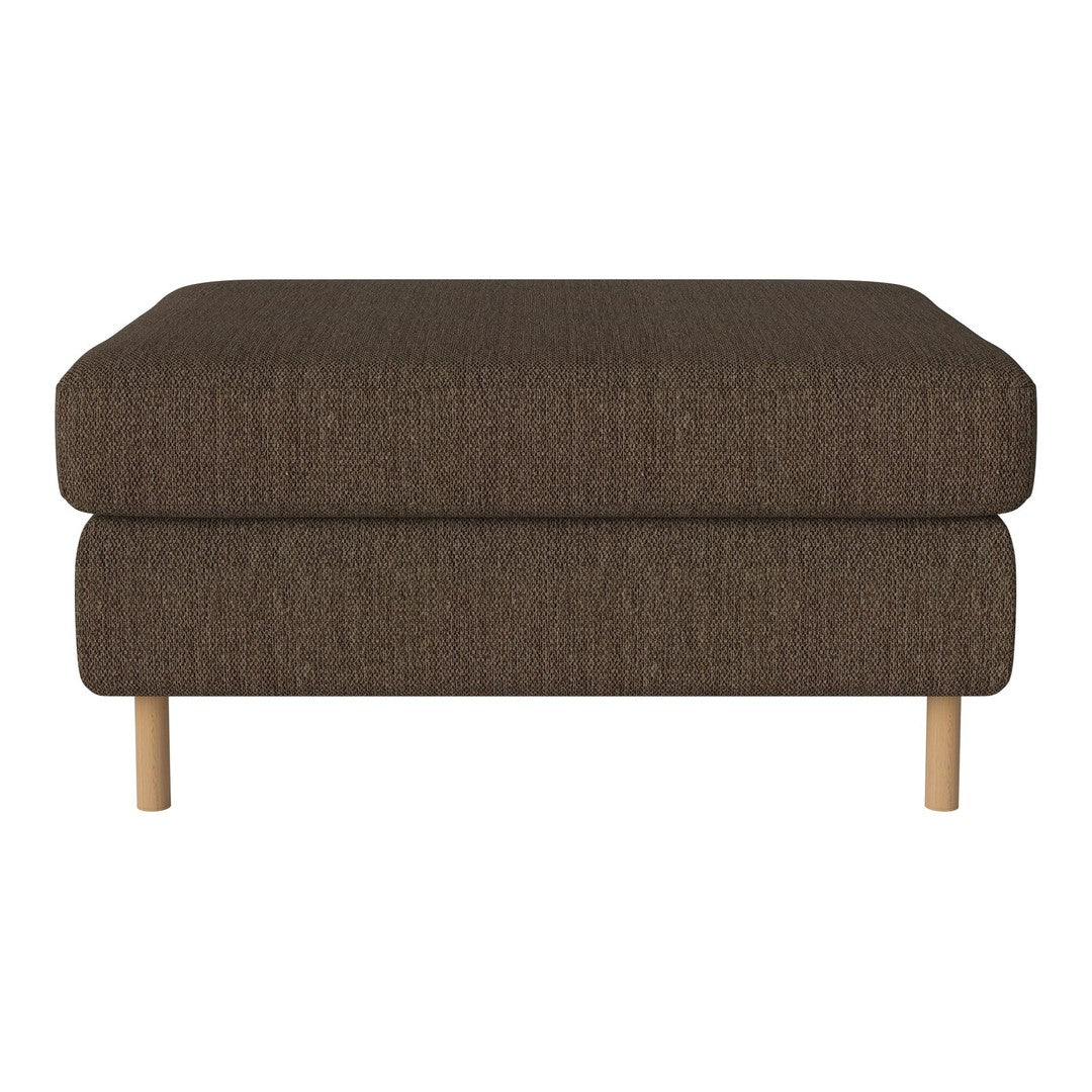 Brown fabric ottoman with a textured pattern, featuring natural wood legs. Ideal for modern and cozy living spaces.