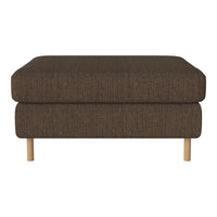 Brown fabric ottoman with a textured pattern, featuring natural wood legs. Ideal for modern and cozy living spaces.