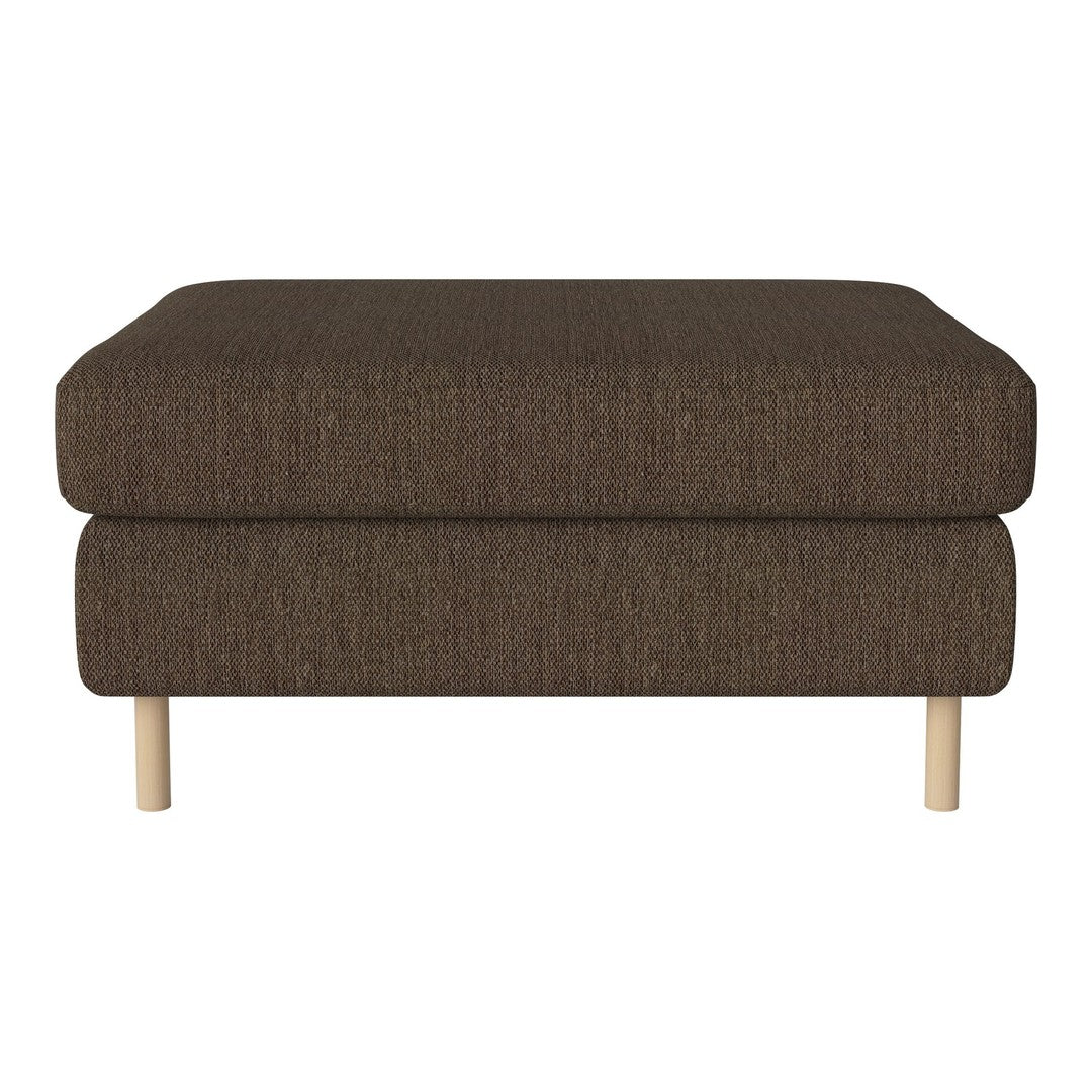 Brown textured ottoman with a sleek design and light wooden legs, ideal for modern decor.