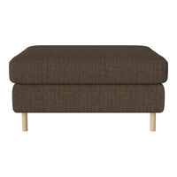 Brown textured ottoman with a sleek design and light wooden legs, ideal for modern decor.