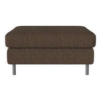 Brown upholstered ottoman with a textured fabric, featuring a modern design and sleek silver legs.