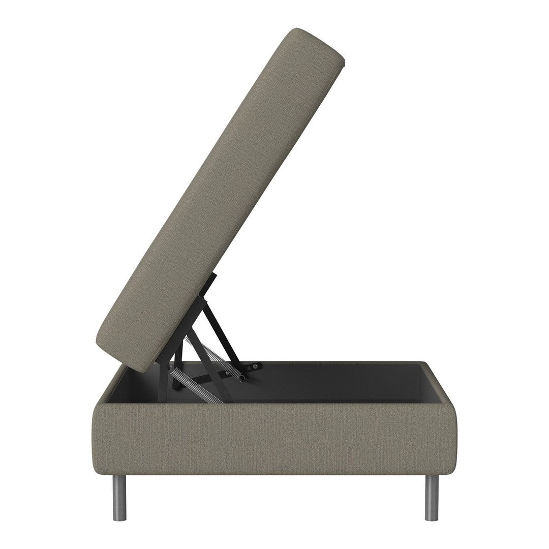"Light gray upholstered storage ottoman with lift-top design and sleek metal legs."
