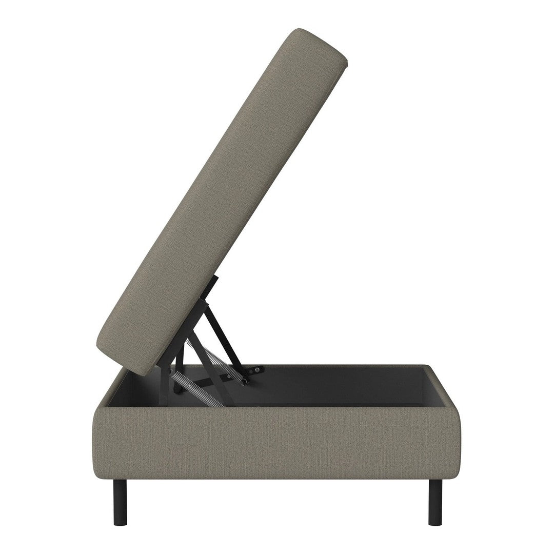 Modern gray upholstered ottoman with a textured pattern and sleek black metal legs, featuring a lift-top design.