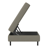 Modern gray upholstered ottoman with a textured pattern and sleek black metal legs, featuring a lift-top design.