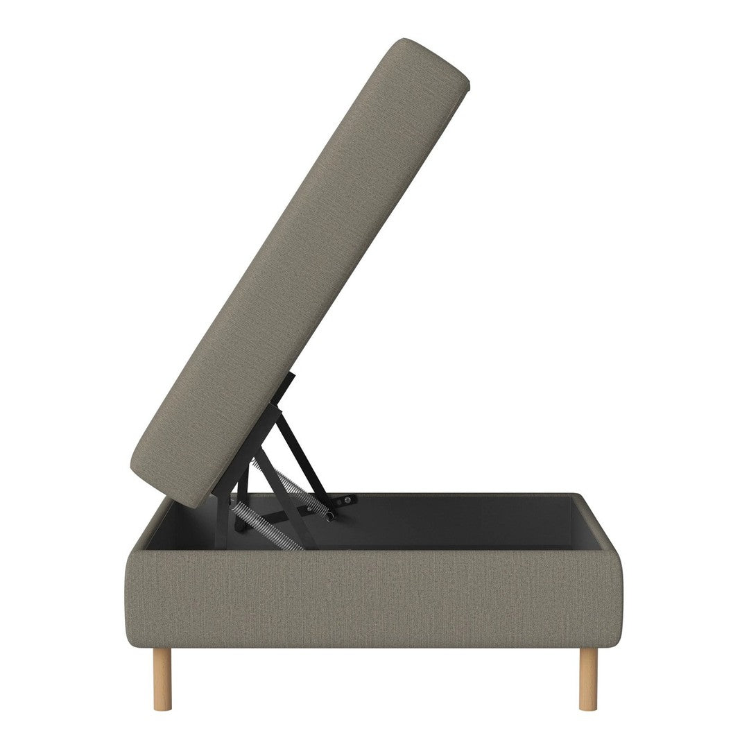 Gray upholstered storage ottoman with wooden legs and a textured fabric pattern. Ideal for modern decor.