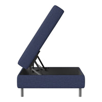 Blue upholstered storage ottoman with a modern design and sleek gray legs, showcasing a textured fabric pattern.