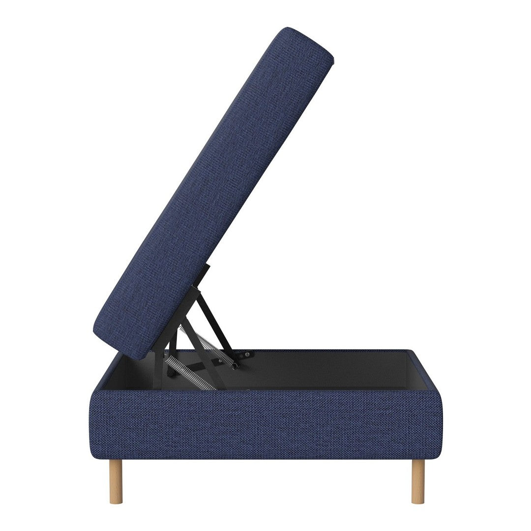 Navy blue upholstered storage bench with textured fabric and light wooden legs, showcasing modern design.