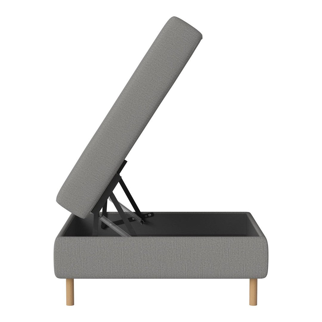 Gray upholstered lift-top storage ottoman with a minimalist design and natural wood legs.