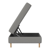 Gray upholstered lift-top storage ottoman with a minimalist design and natural wood legs.
