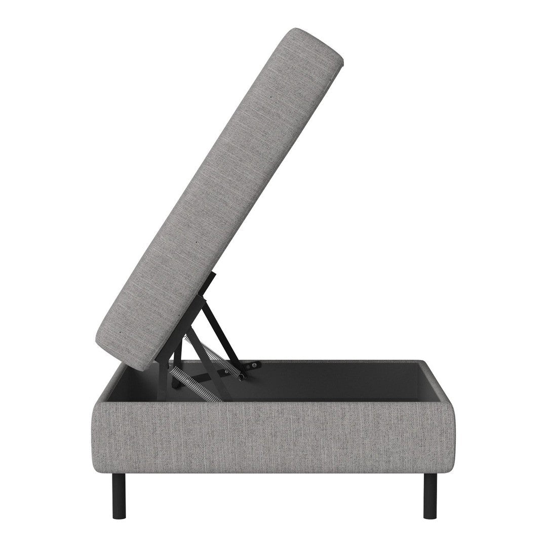 Gray upholstered storage bed with a sleek black frame and minimalist design, featuring a modern fabric pattern.