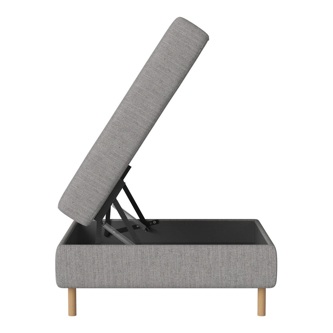 Gray fabric storage ottoman with a sleek design, featuring a simple texture and wooden legs.