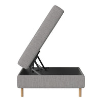Gray fabric storage ottoman with a sleek design, featuring a simple texture and wooden legs.